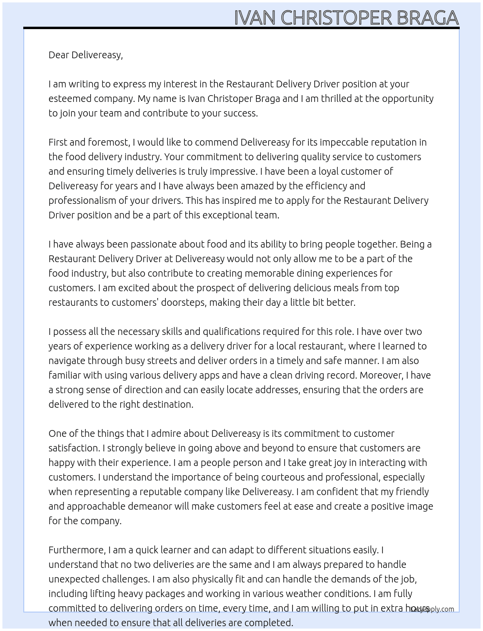 Restaurant Delivery Driver At Delivereasy Cover Letter