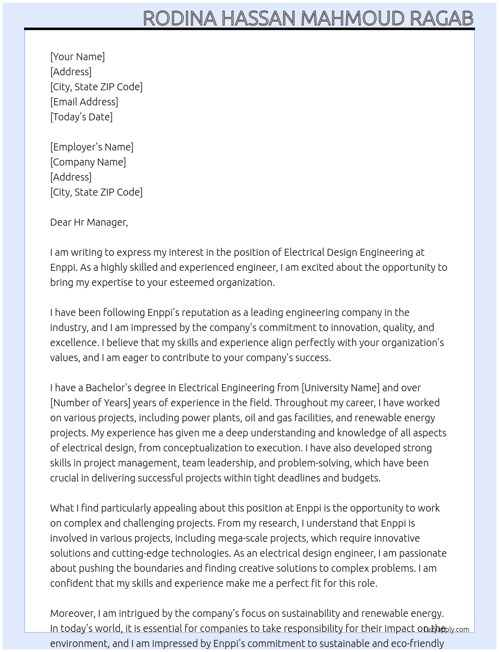 electrical design engineering At Enppi Cover Letter