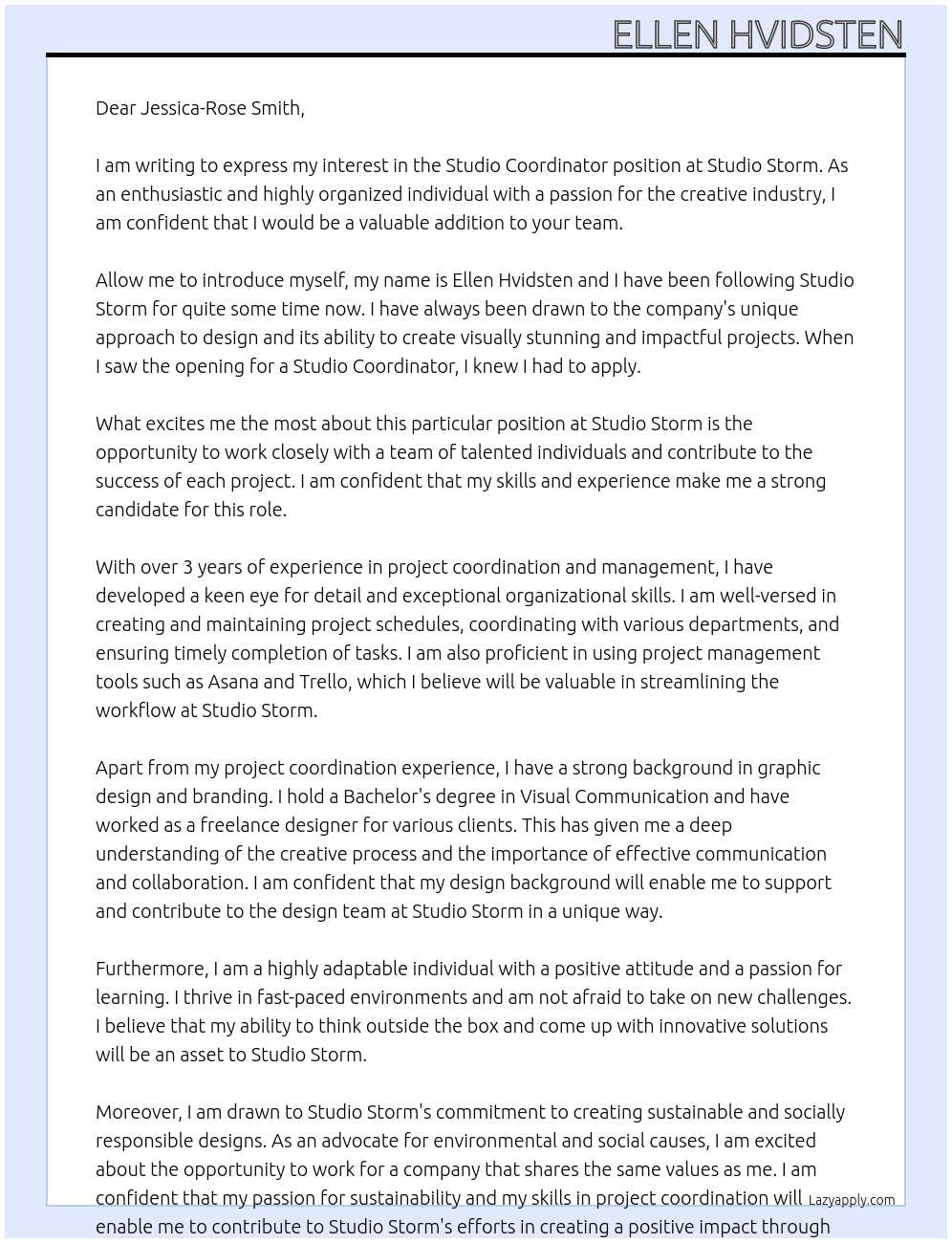 studio coordinator At Studio Storm Cover Letter