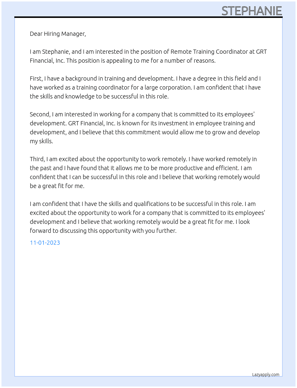 Remote Training Coordinator At GRT Financial, Inc Cover Letter