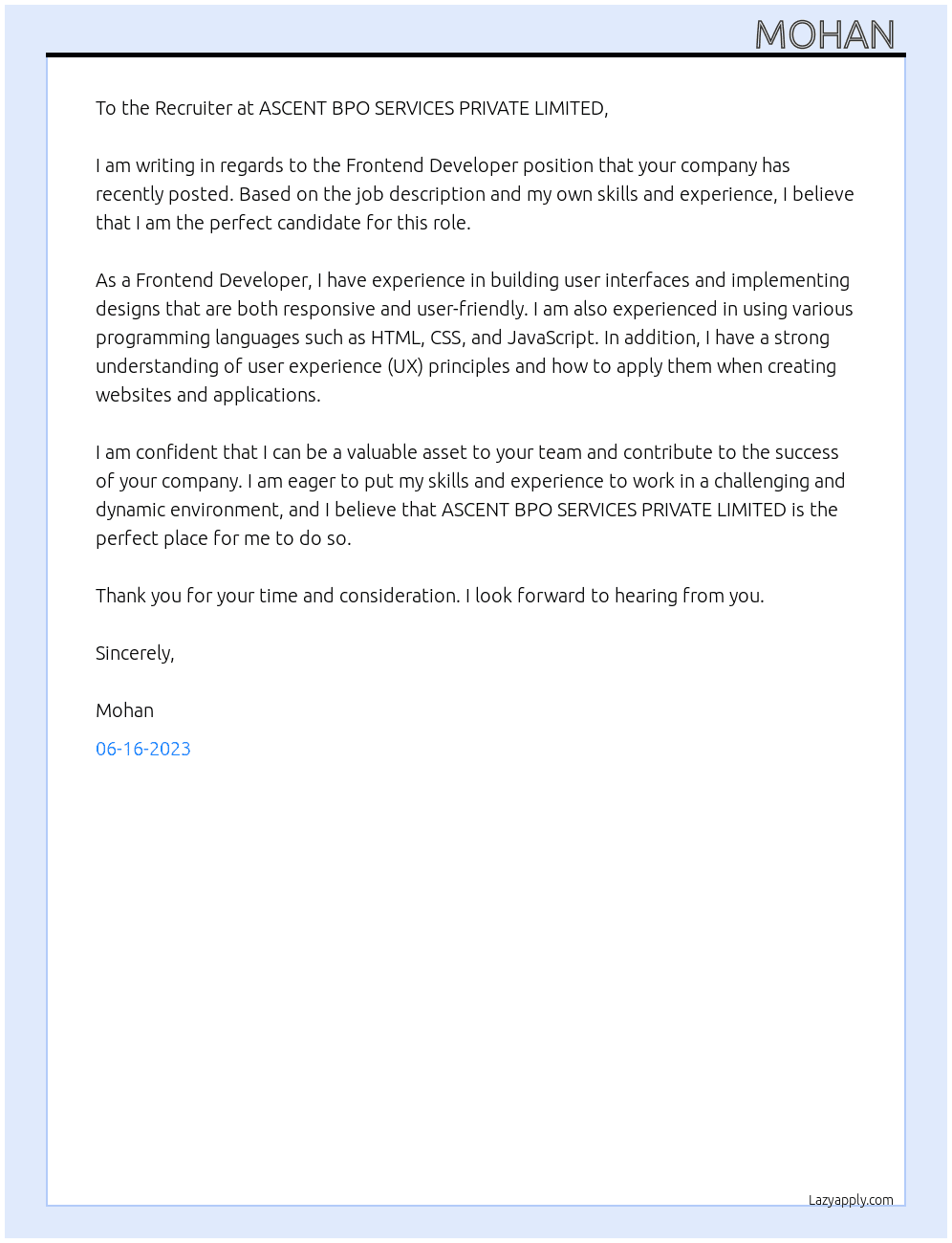 Frontend Developer At ASCENT BPO SERVICES PRIVATE LIMITED Cover Letter