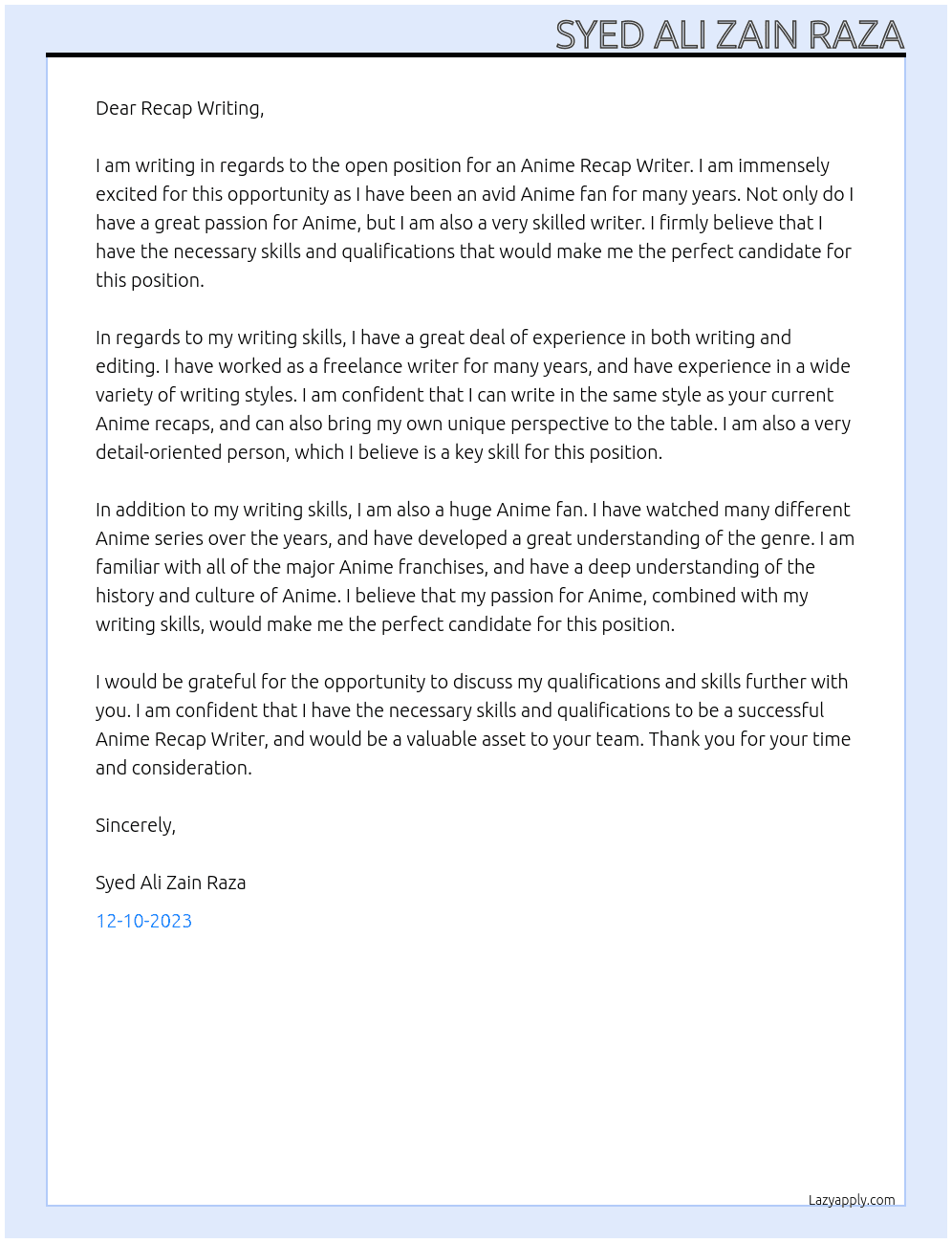 Anime Recap Writer At Recap Writing Cover Letter