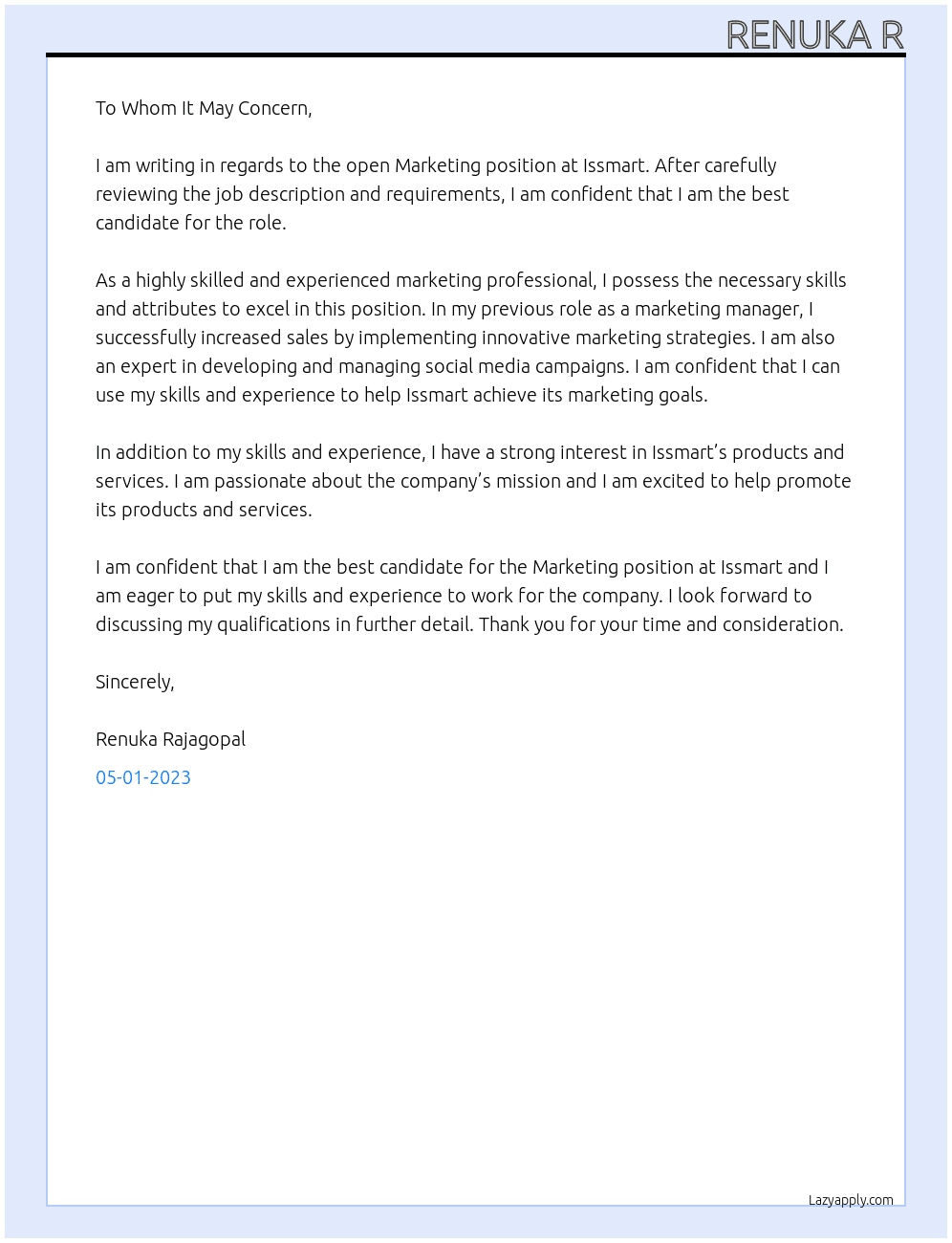 Marketing  At Issmart Cover Letter