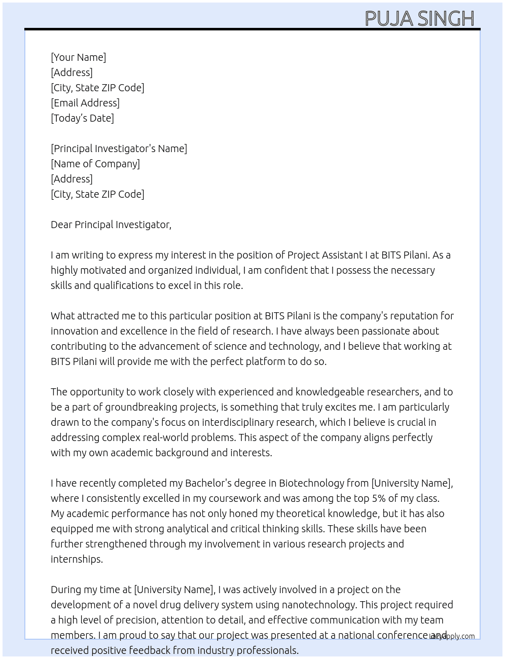 Project assistant I At BITS Pilani Cover Letter