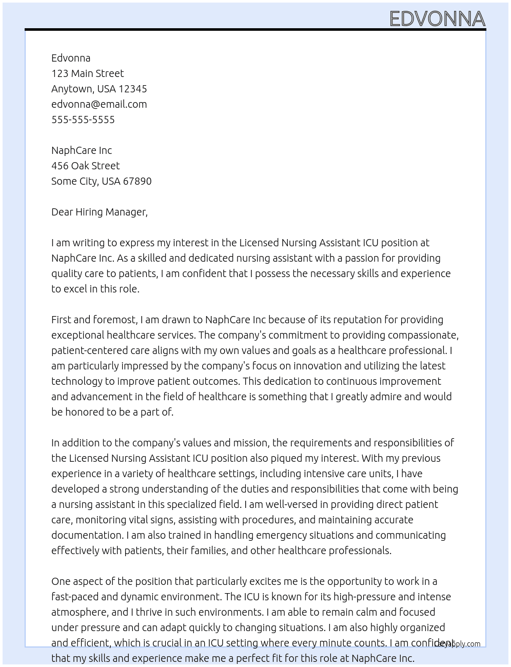 Licensed nursing assistant ICU At NaphCare Inc Cover Letter