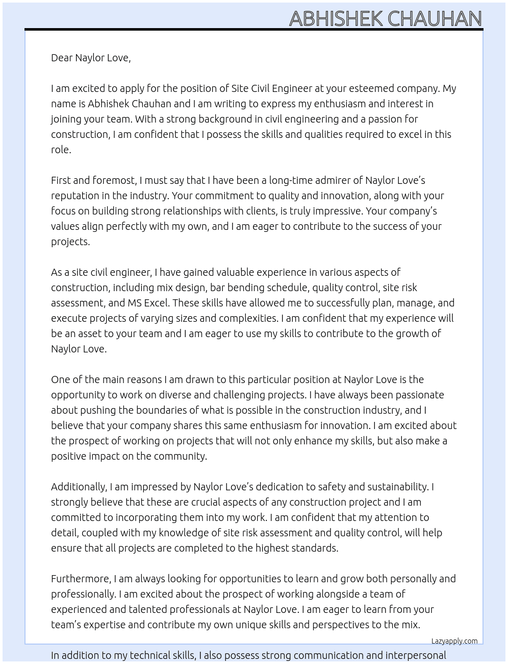 site civil engineer At Naylor Love Cover Letter