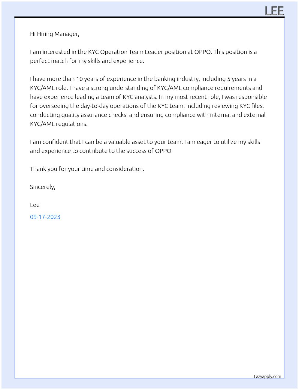 KYC Operation Team Leader At OPPO Cover Letter