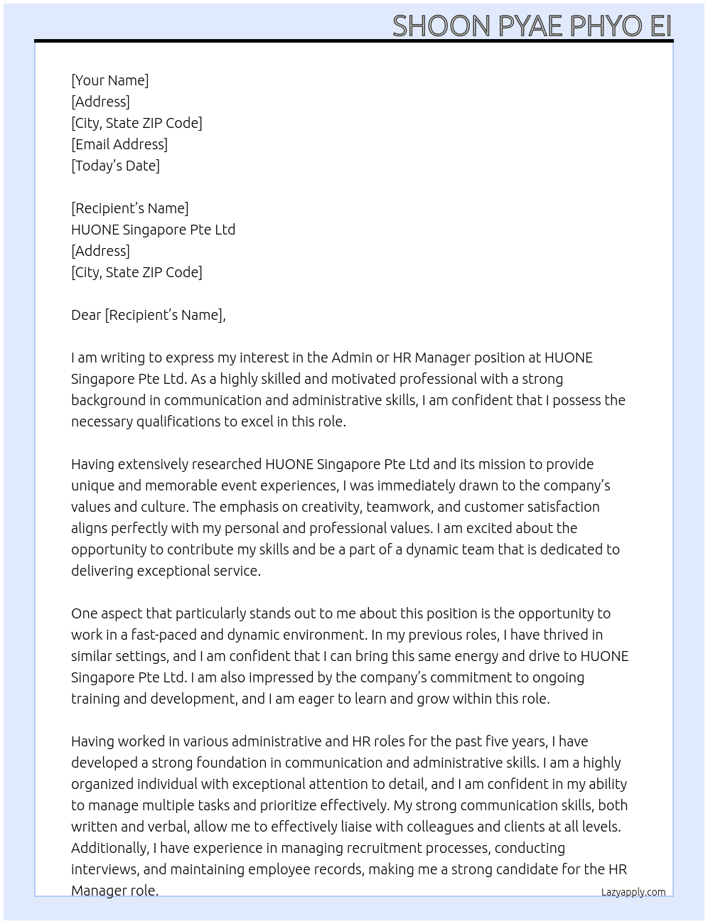 Admin or HR Manager At HUONE Singapore Pte Ltd Cover Letter