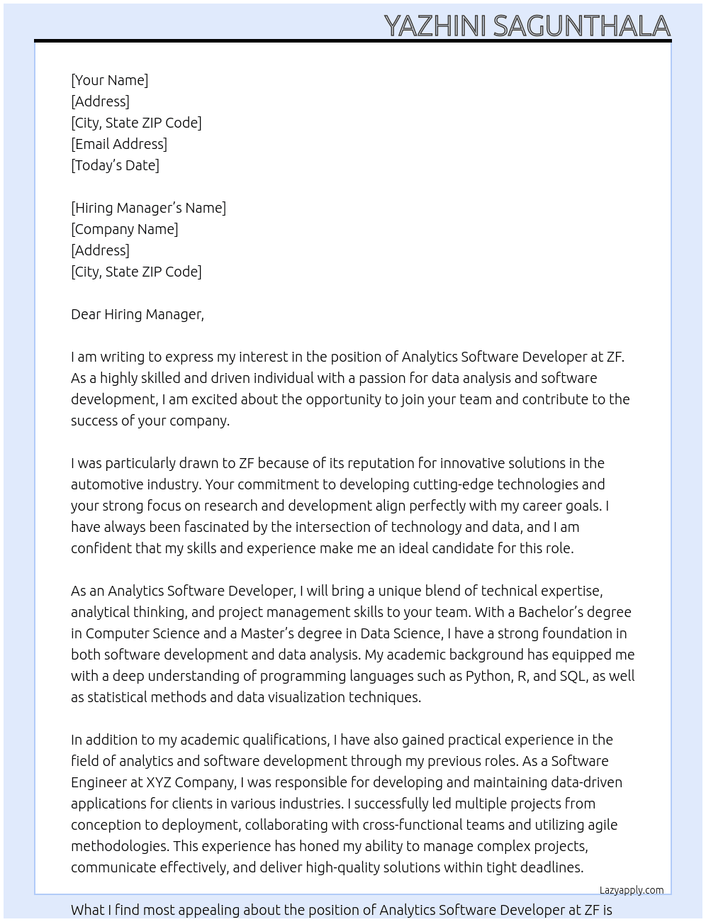 Analytics Software Developer  At ZF Cover Letter