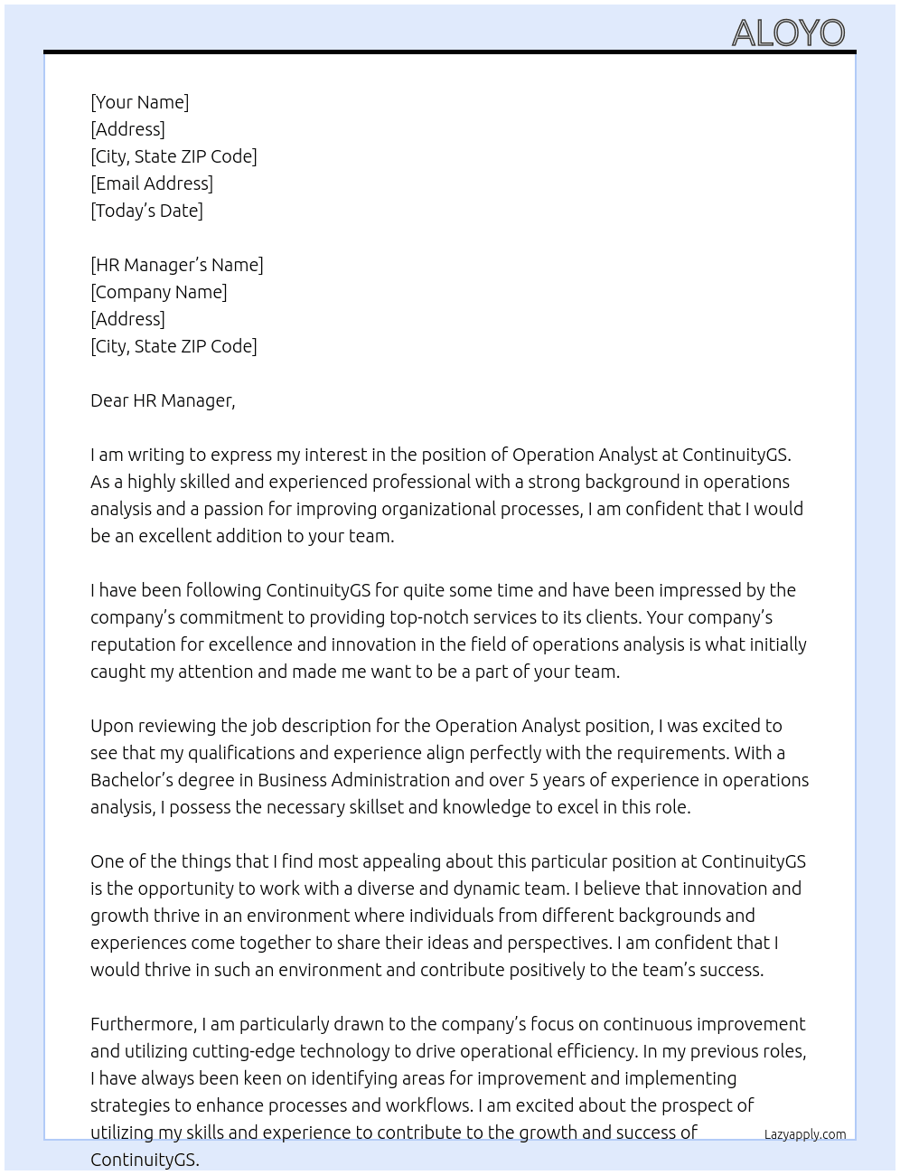 Operation analyst  At ContinuityGS Cover Letter