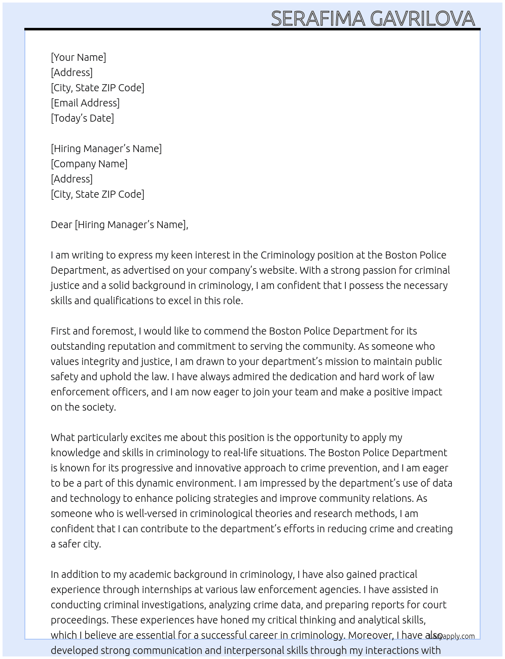 criminology  At boston police department  Cover Letter