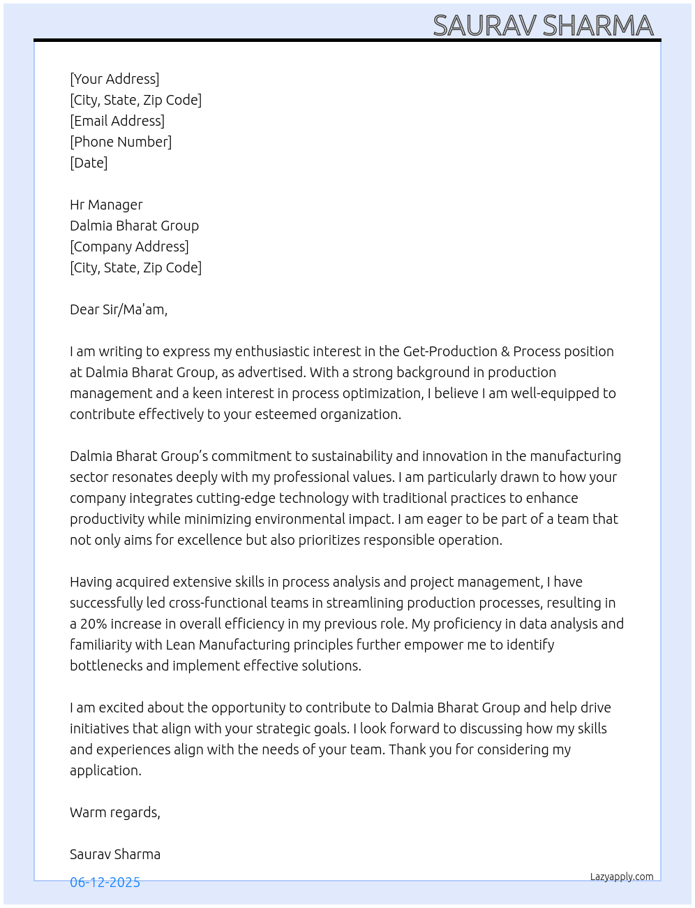 Get-Production & Process  At Dalmia Bharat Group  Cover Letter