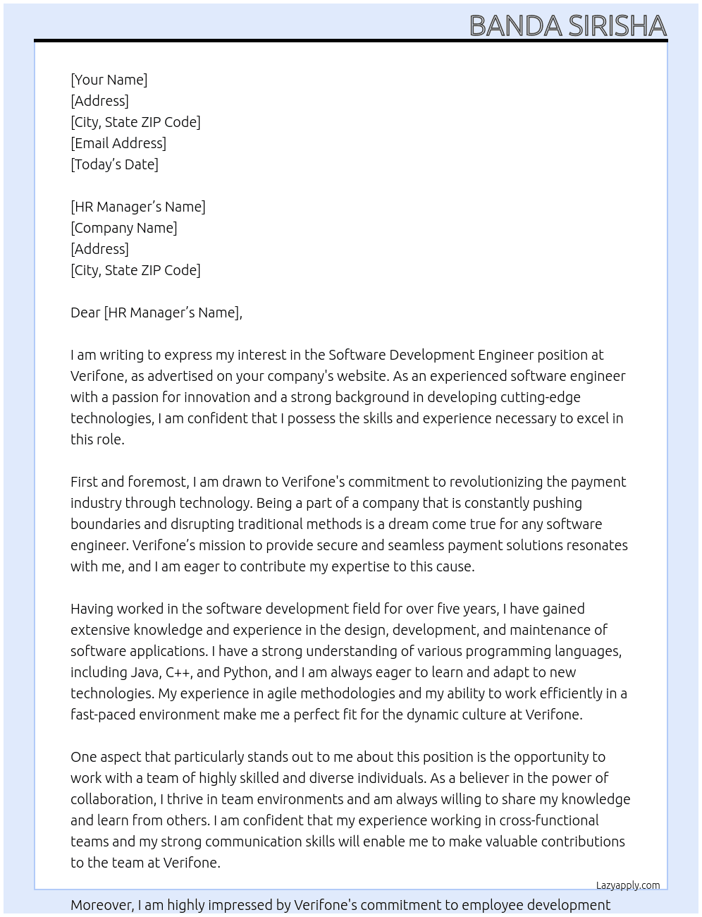 Software Development Engineer  At Verifone Cover Letter