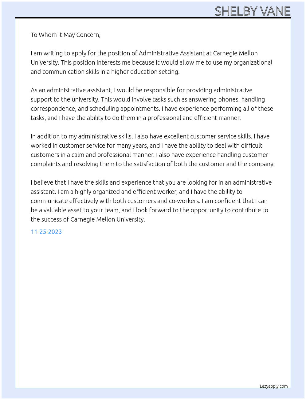 Administrative Assistant  At Carnegie Mellon University  Cover Letter