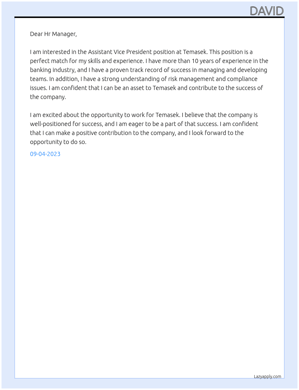 Assistant Vice President At Temasek Cover Letter