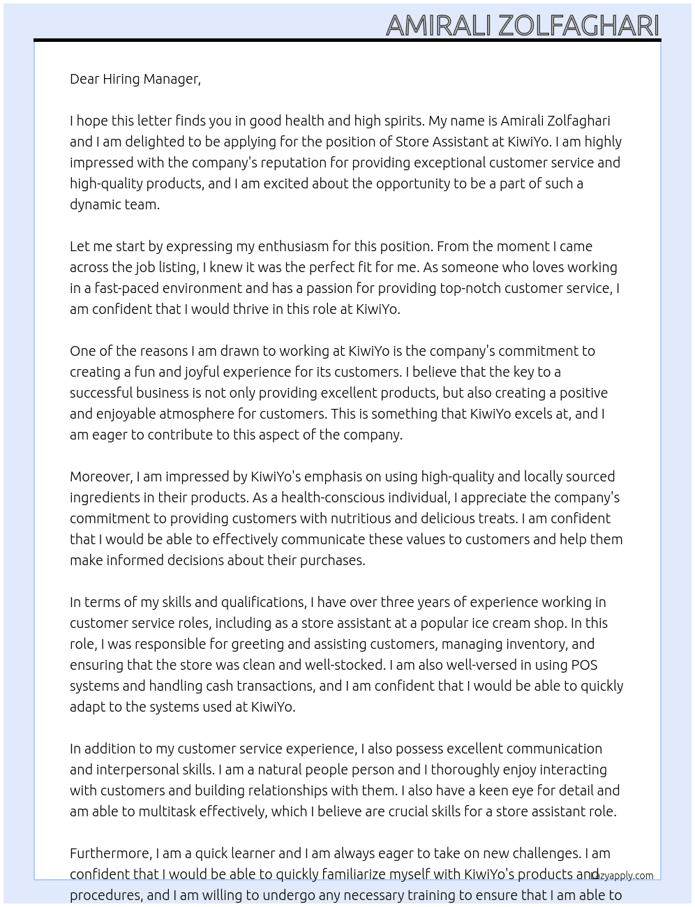 store assistant At KiwiYo Cover Letter