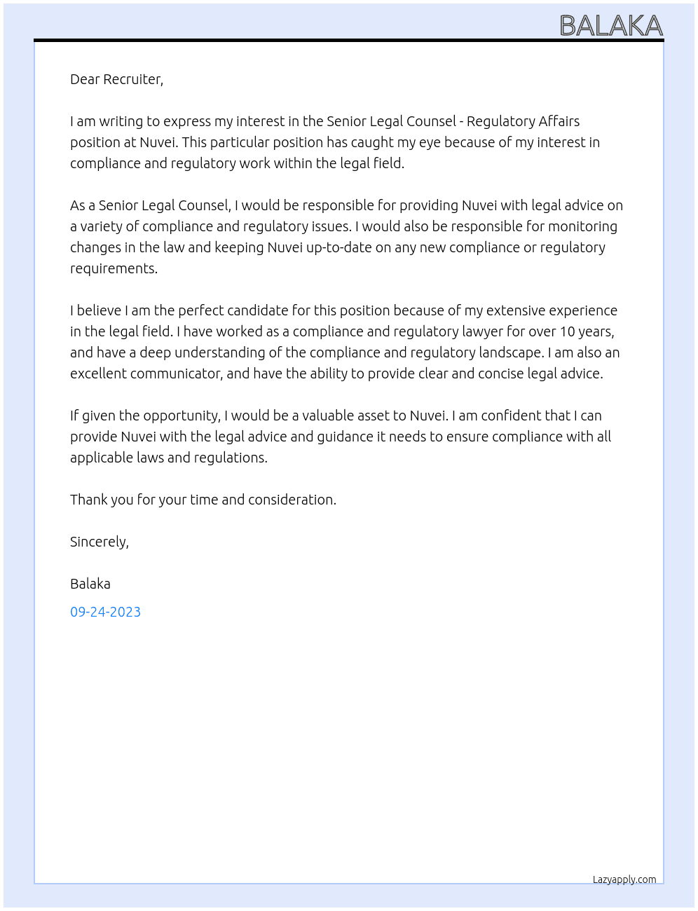 Senior Legal Counsel - Regulatory Affairs At Nuvei Cover Letter