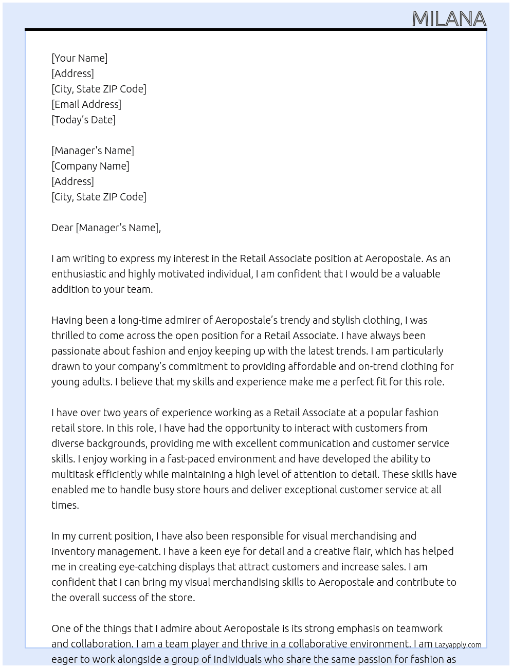 retail associate  At aeropostale  Cover Letter