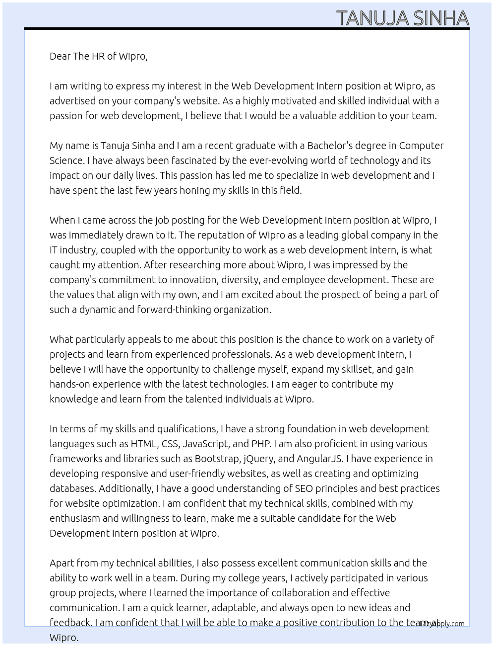 Web development intern At Wipro Cover Letter