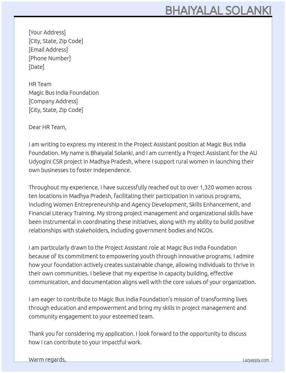 Project assistant  At Magic bus india foundation  Cover Letter