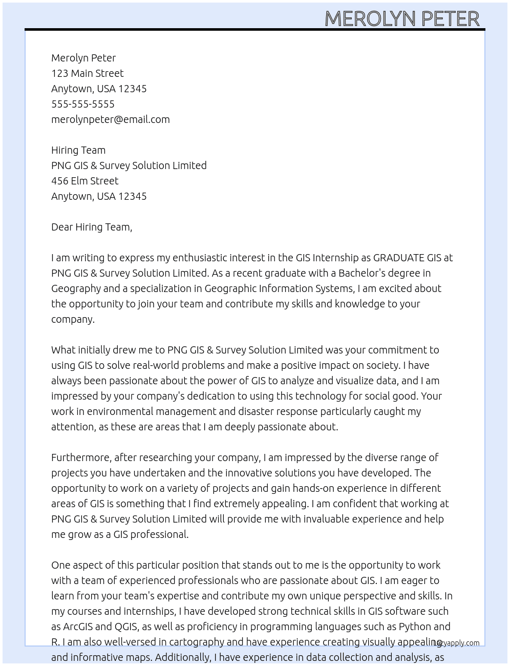 GIS Internship as GRADUATE GIS  At PNG GIS & SURVEY SOLUTION LIMITED  Cover Letter