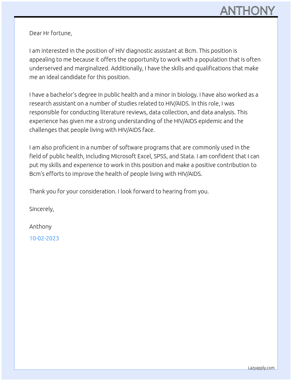 HIV diagnostic assistant At Bcm Cover Letter