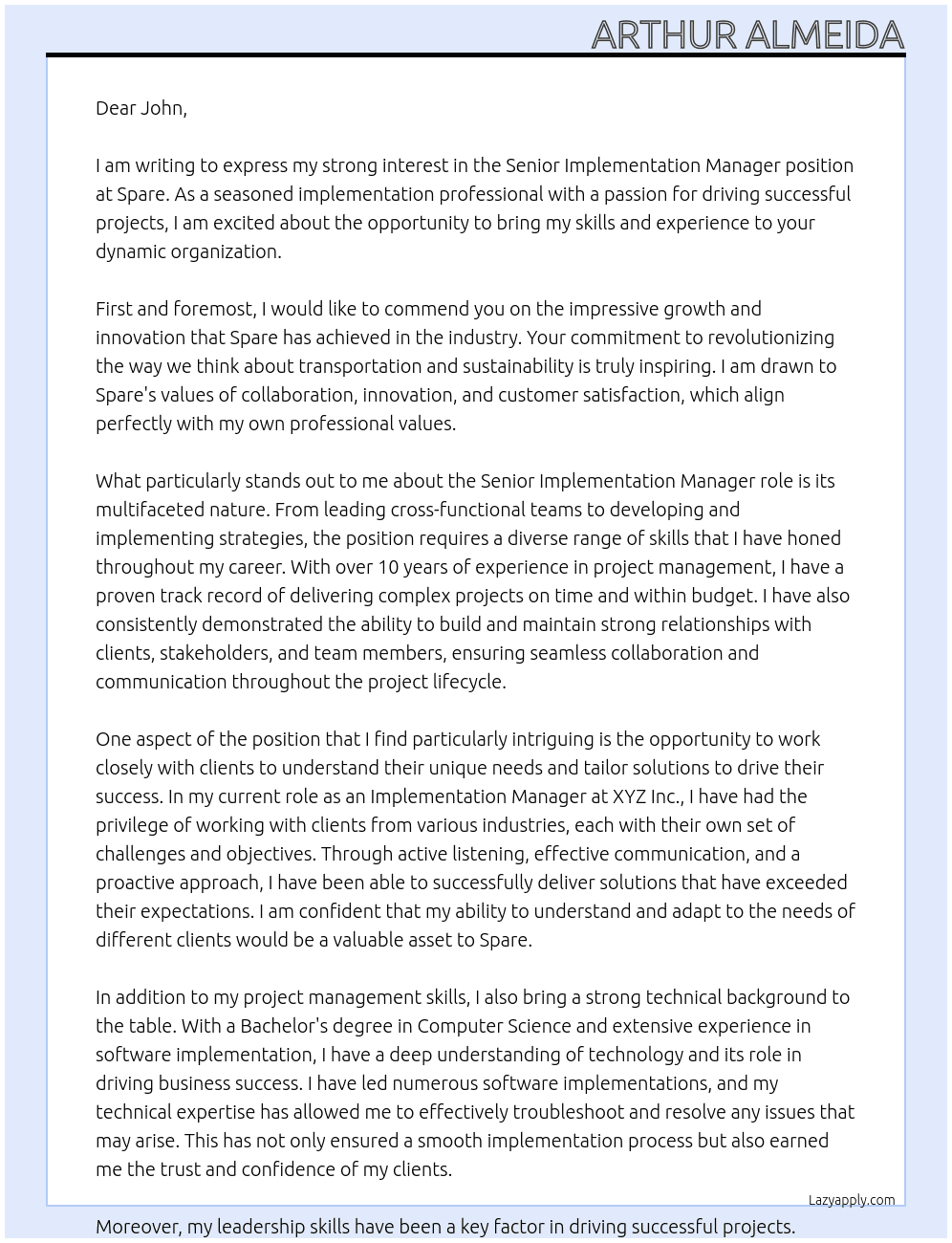 Senior Implementation Manager At Spare Cover Letter