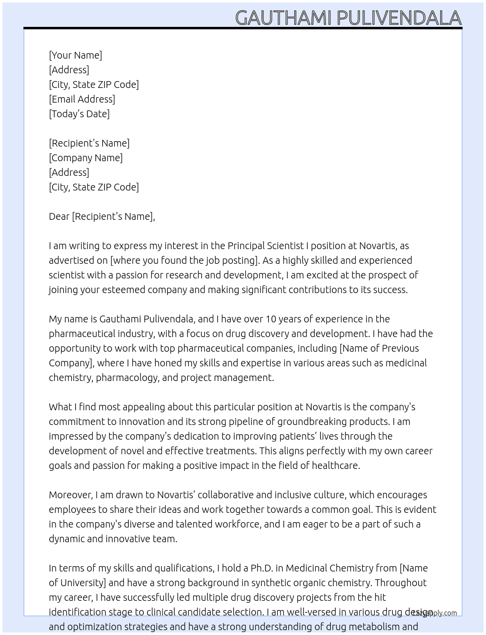 Principal Scientist I At Novartis Cover Letter