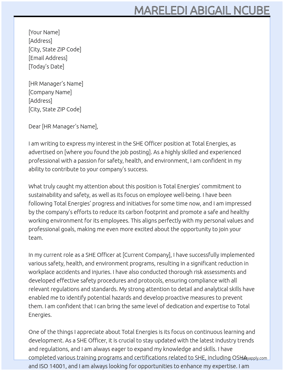SHE Officer At Total Energies Cover Letter