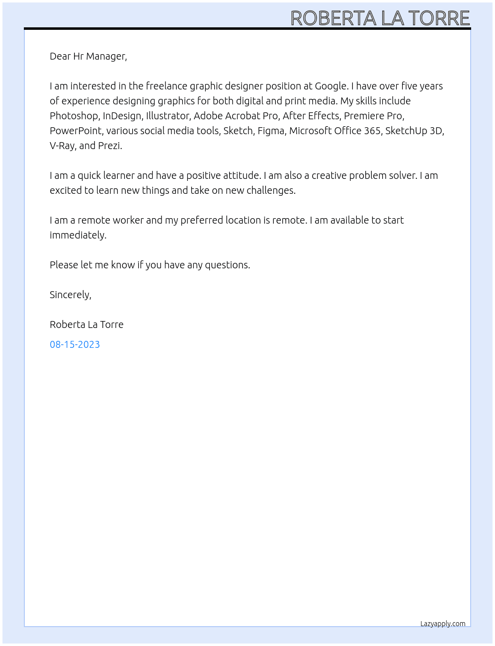 Freelance Graphic designer At google Cover Letter