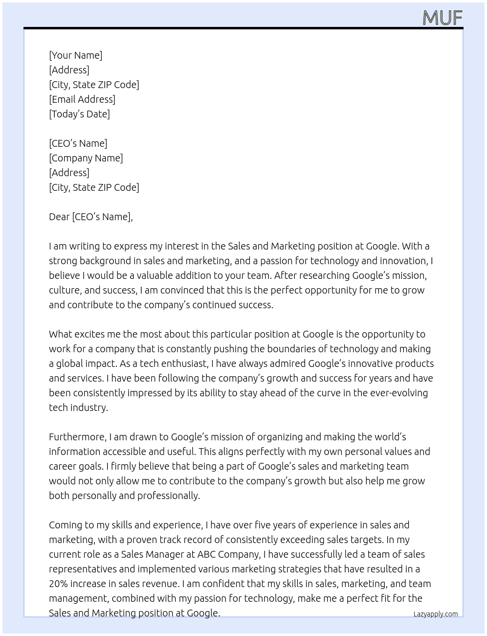 sales and marketing At google Cover Letter