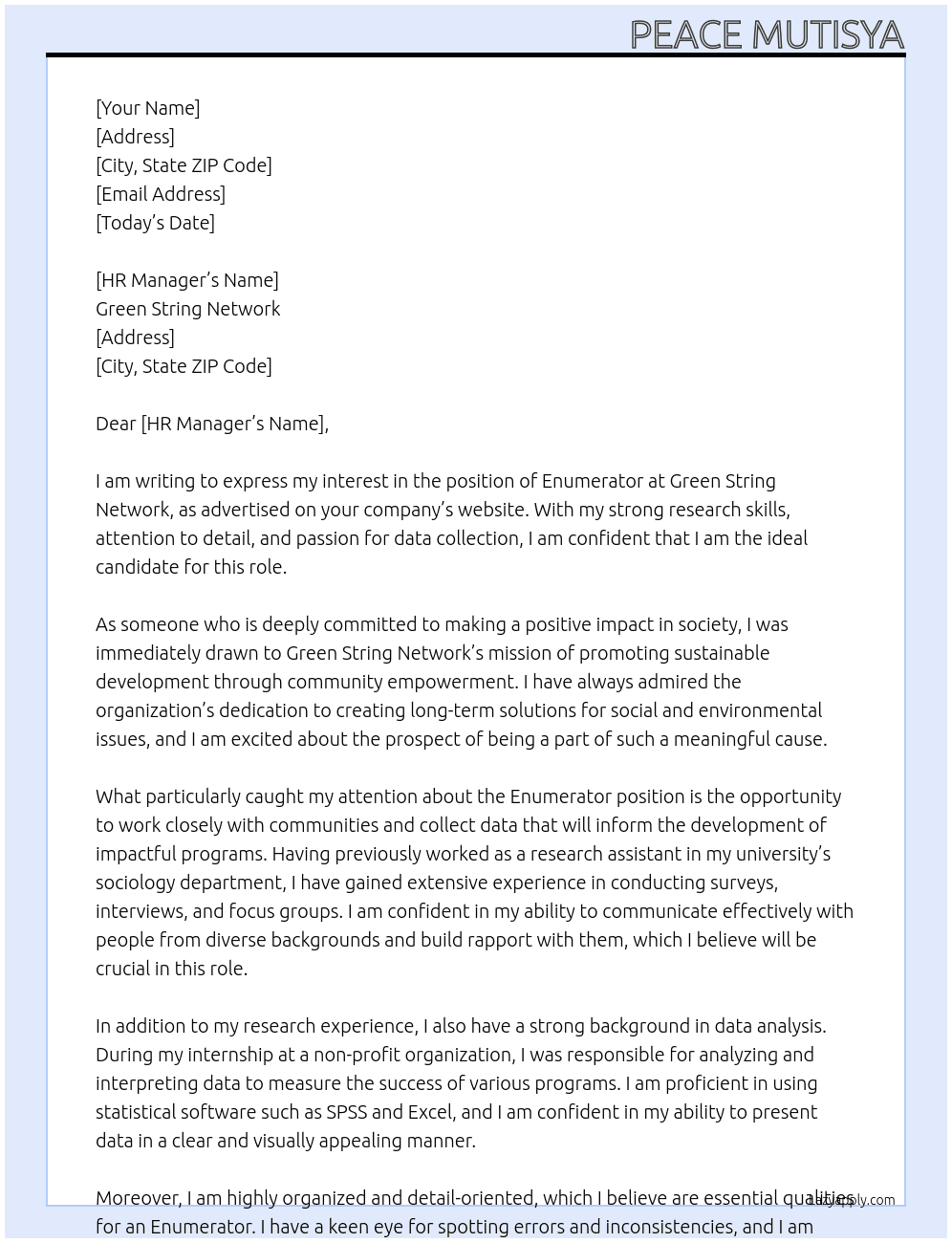 Enumerator At Green String Network Cover Letter