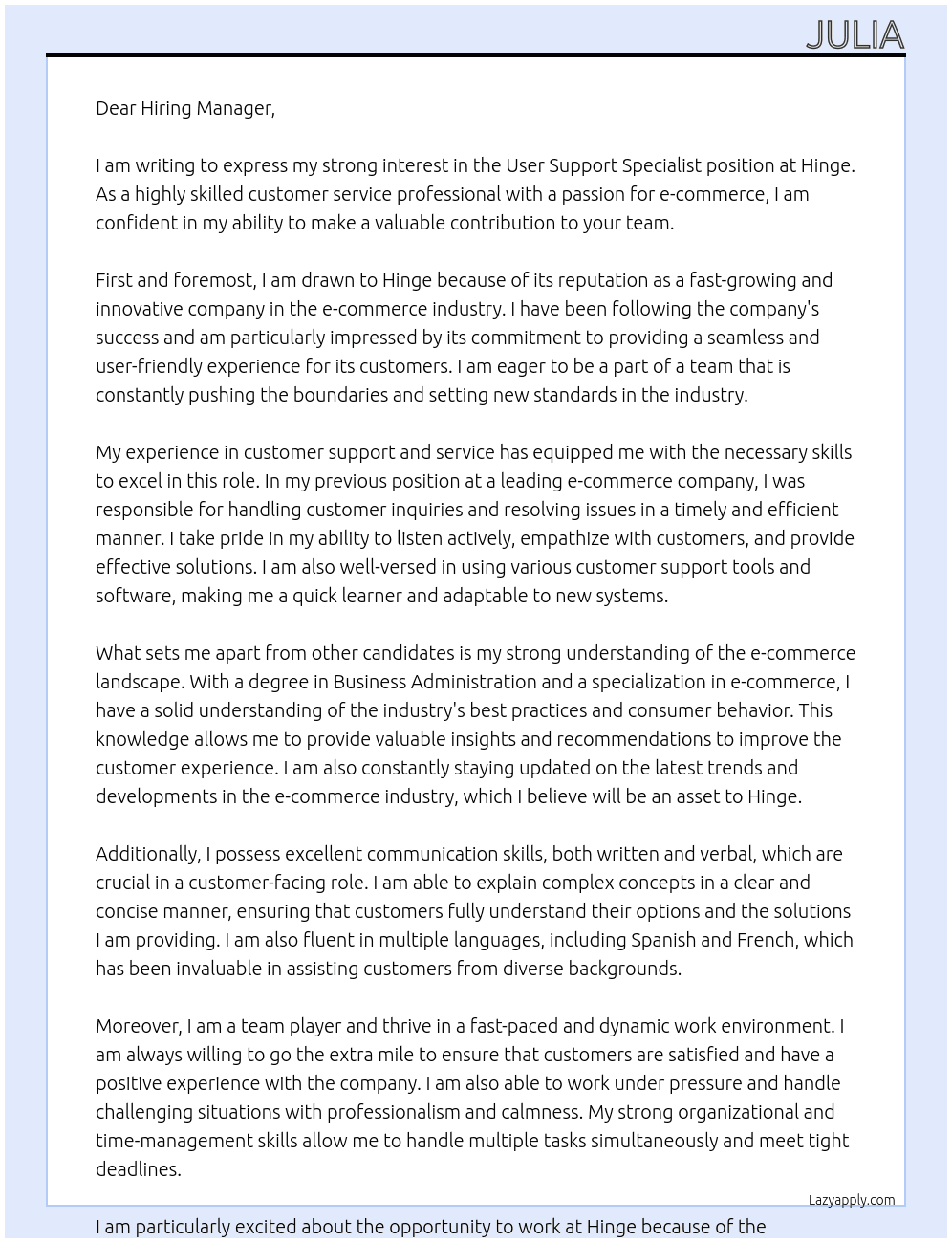 User Support Specialist  At Hinge Cover Letter
