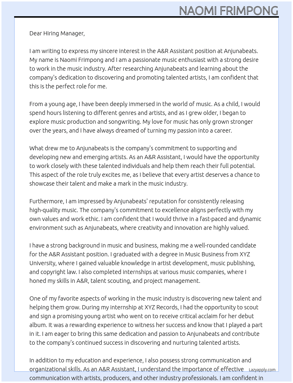 A&R Assistant  At Anjunabeats Cover Letter