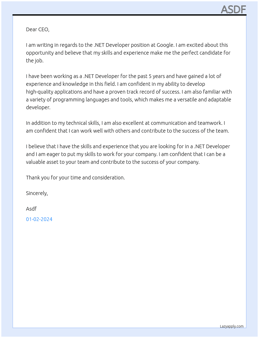 .NET Developer At google Cover Letter