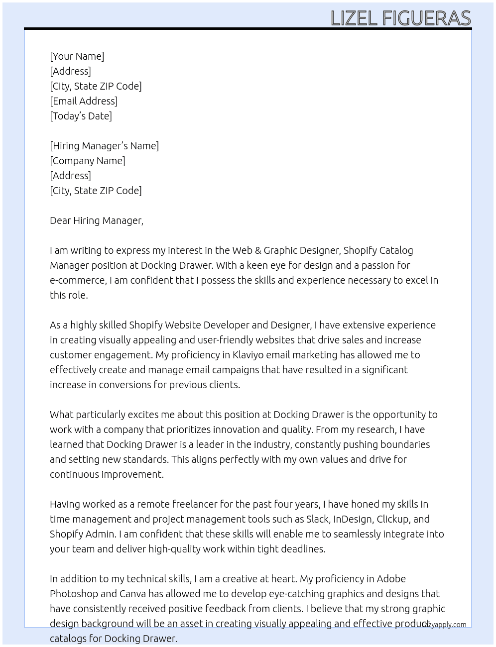 Web & Graphic Designer, Shopify Catalog Manager At Docking Drawer Cover Letter