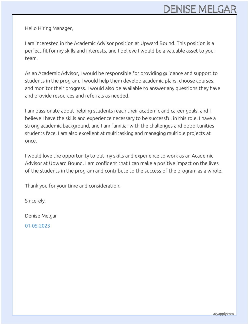 Academic Advisor At Upward bound program Cover Letter