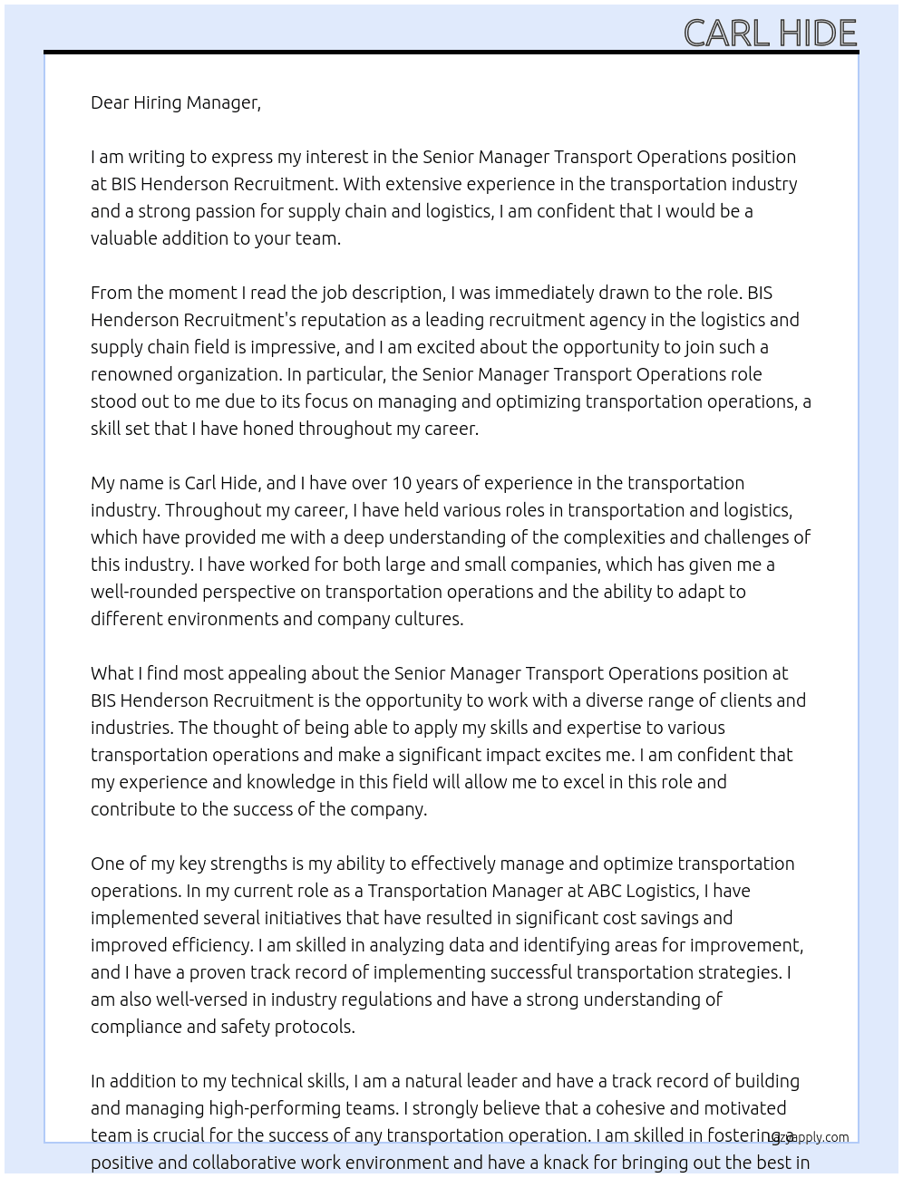 Senior manager transport operations  At BIS Henderson recruitment  Cover Letter