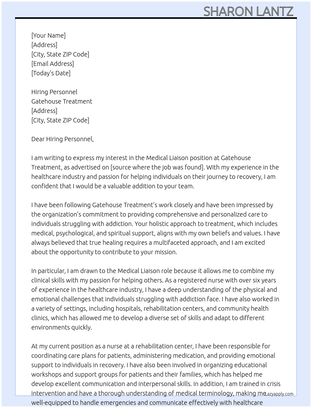 Medical Liason At Gatehouse Treatment Cover Letter