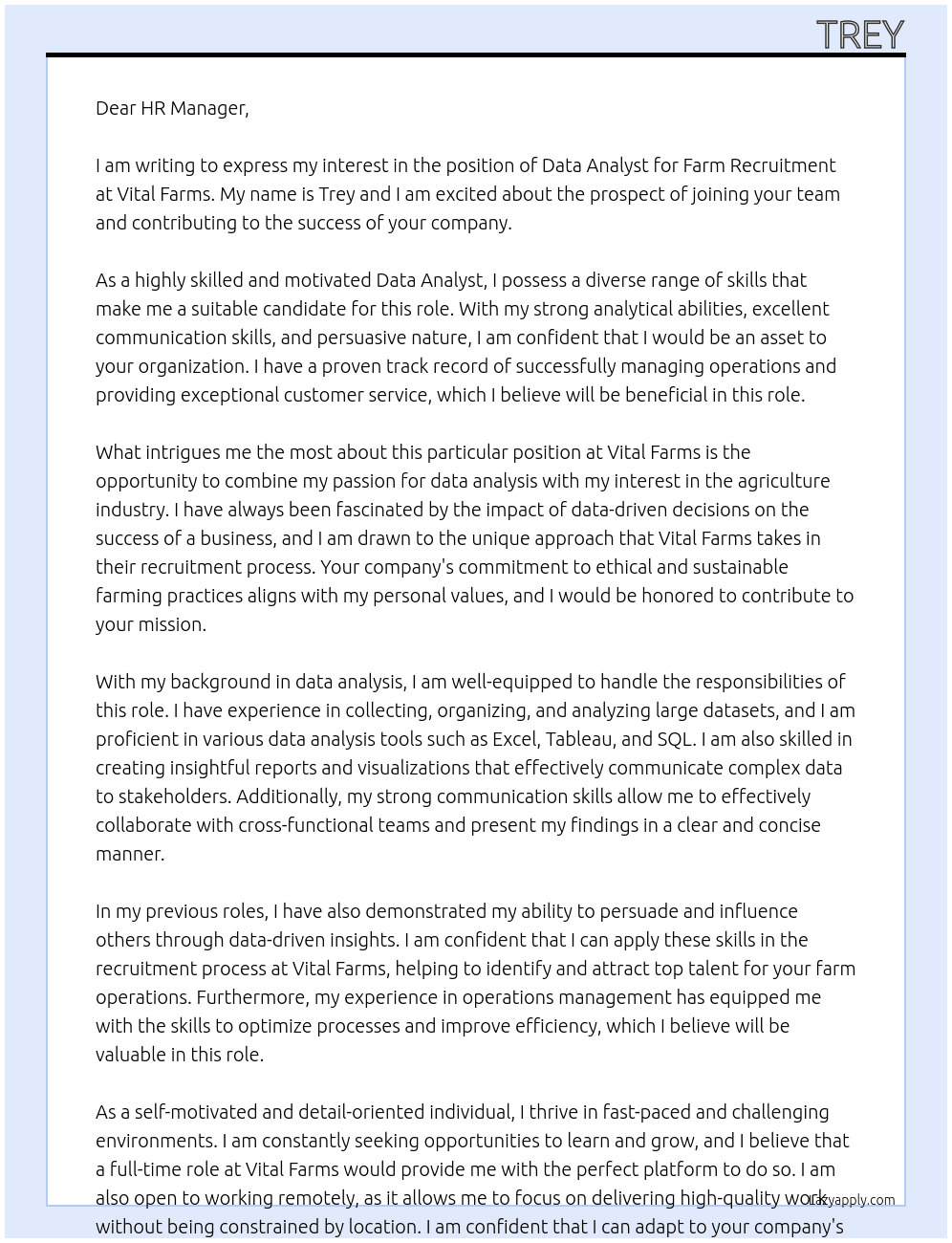 Data Analyst Farm Recruitment At Vital Farms Cover Letter