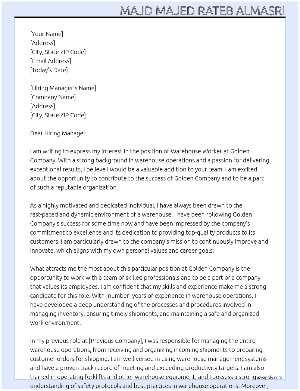 warehouse worker At Golden company Cover Letter