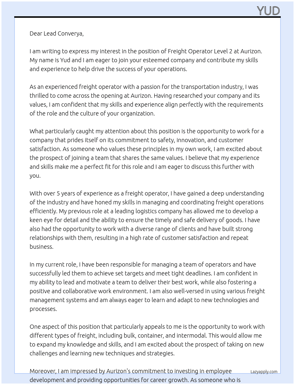 Freight Operator Level 2 At  Aurizon Cover Letter