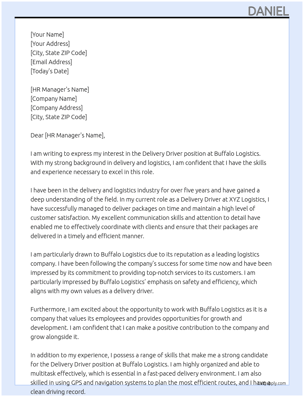 Delivery Driver At Buffalo Logistics Cover Letter