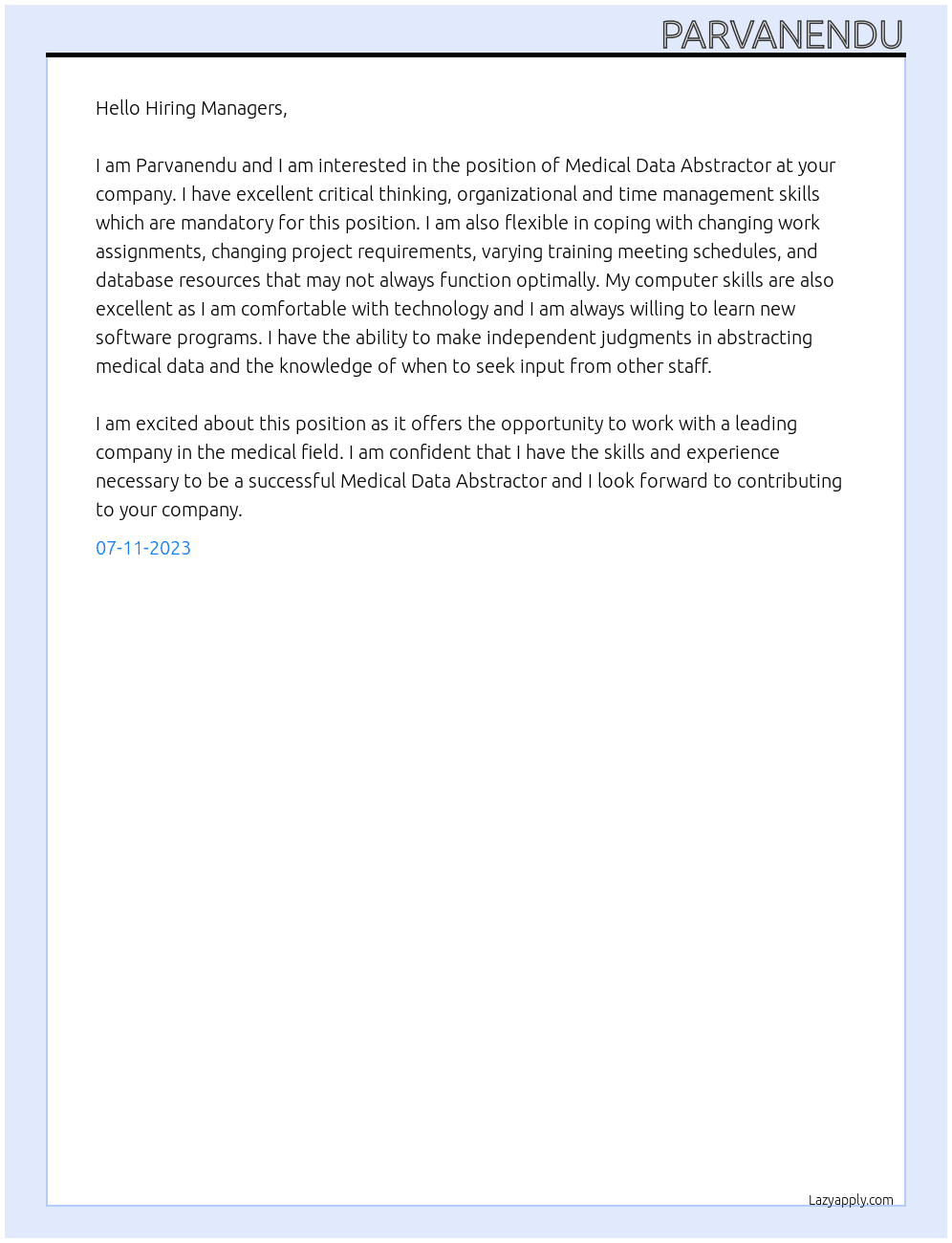 Medical data abstractor At US company Cover Letter