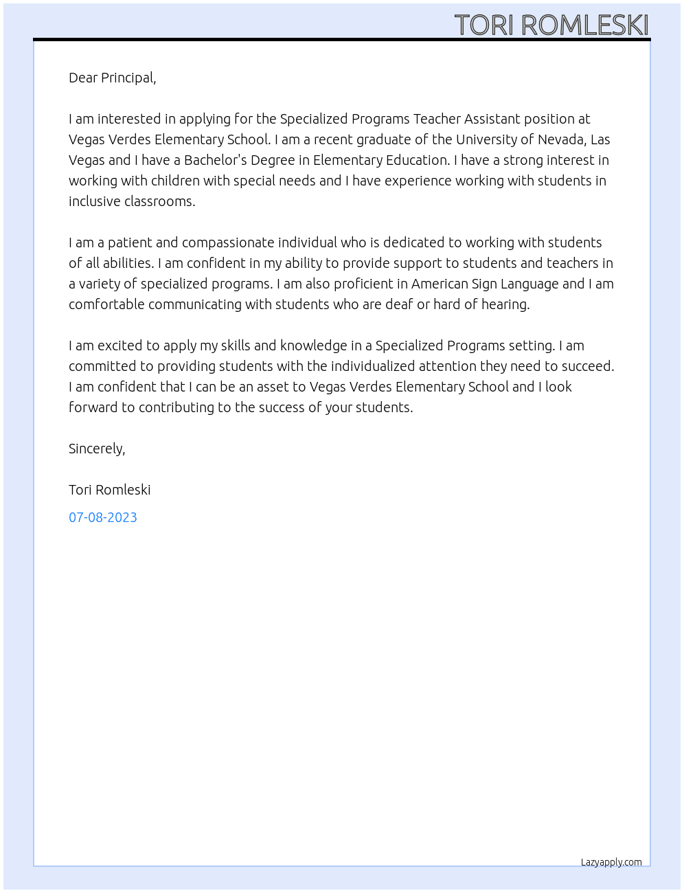 Specialized Programs Teacher Assistant At CCSD - Vegas Verdes Elementary  Cover Letter