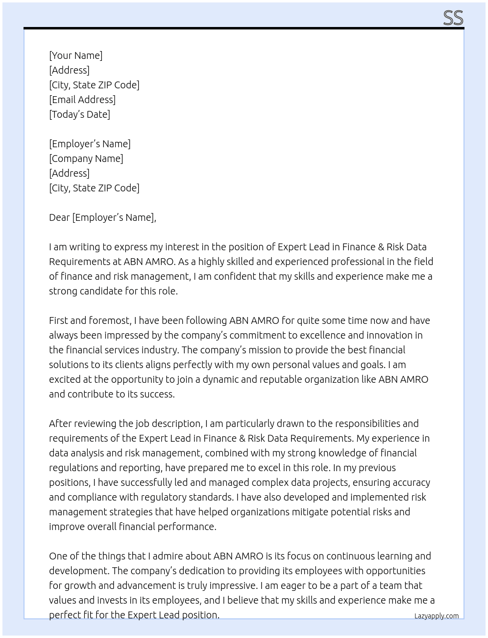 Expert Lead in Finance & Risk Data Requirements At ABN AMRO Cover Letter