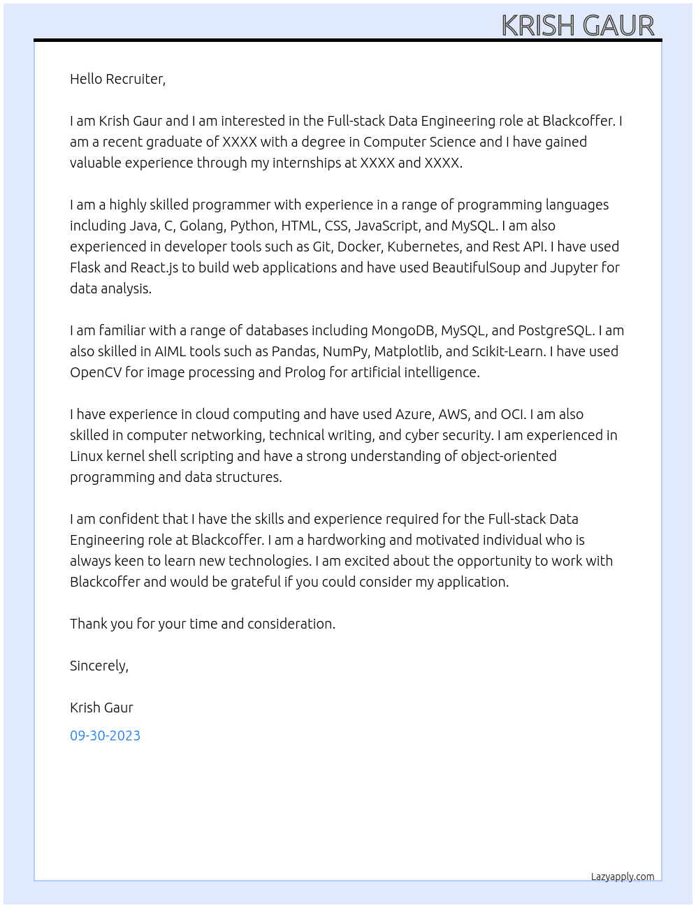 Full-stack Data Engineering At Blackcoffer Cover Letter