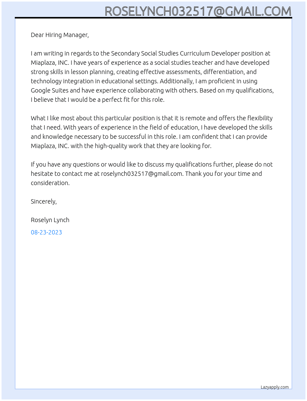 Secondary Social Studies Curriculum Developer At Miaplaza, INC.  Cover Letter