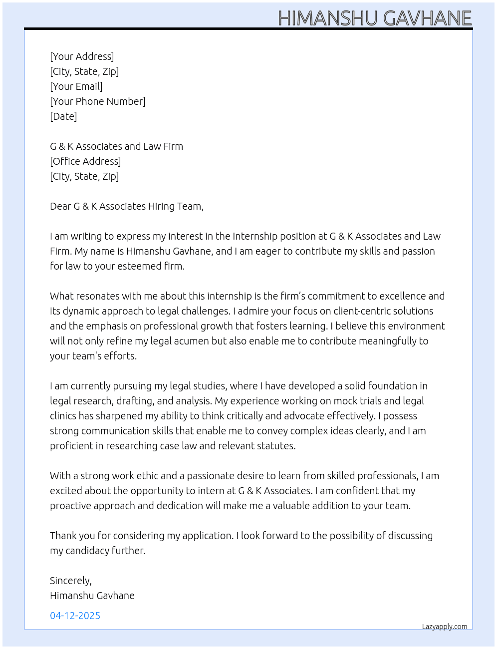 Internship At law firm Cover Letter