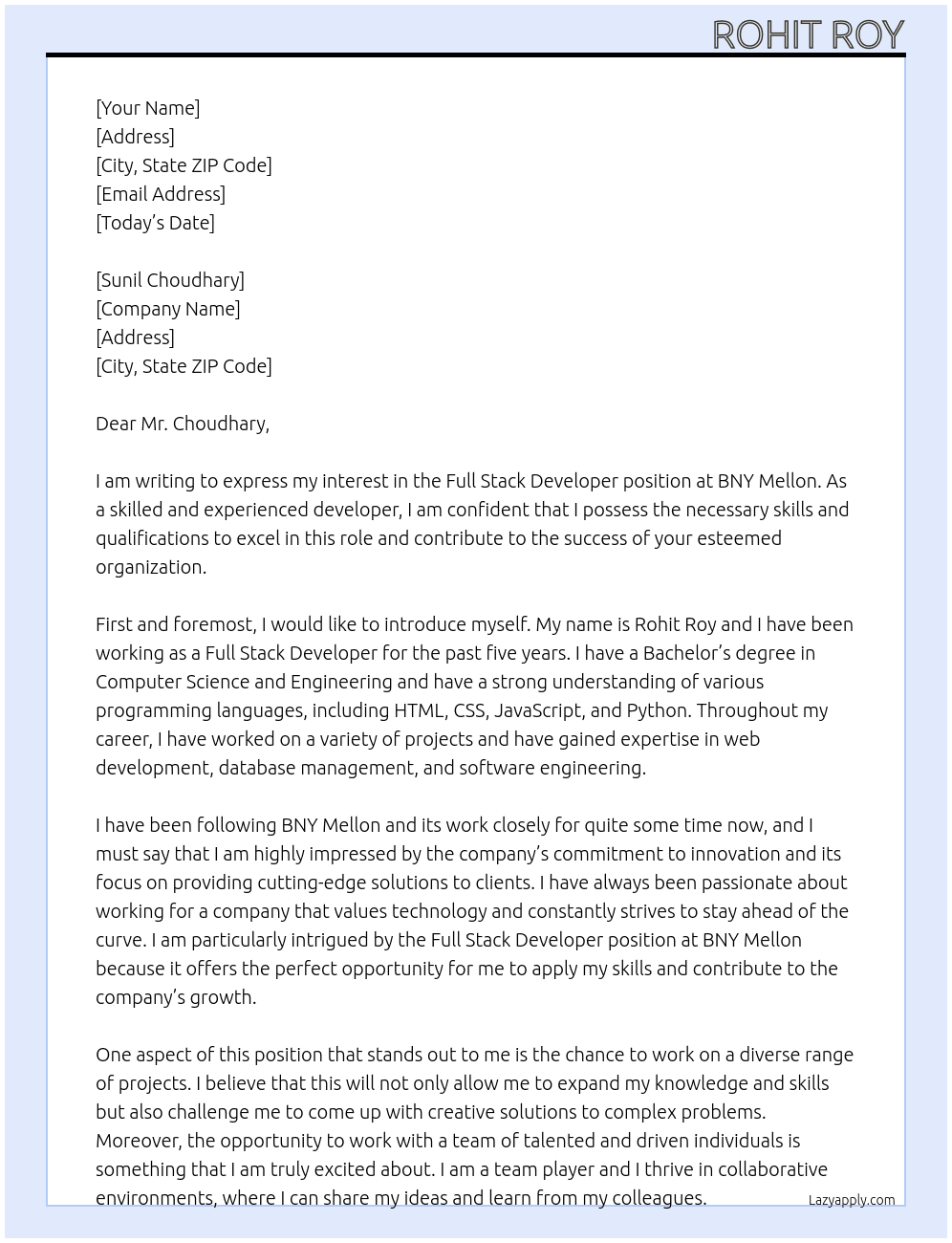 Full stack  developer At BNY Mellon Cover Letter